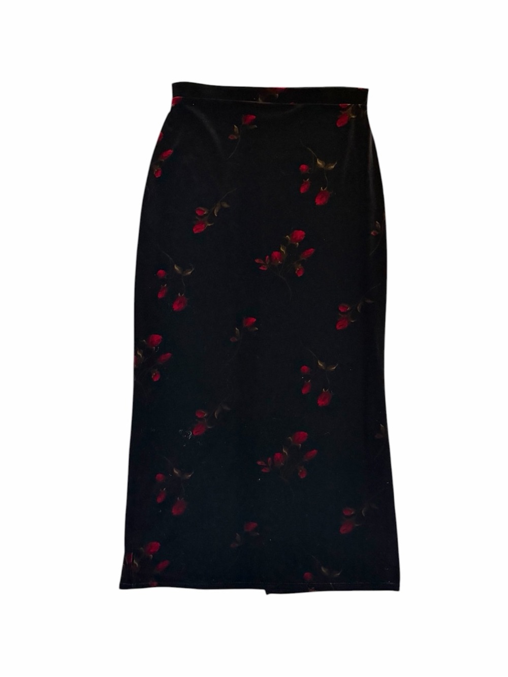 Vintage 90s Kathie Lee collection whimsy red rose print black velvet maxi skirt